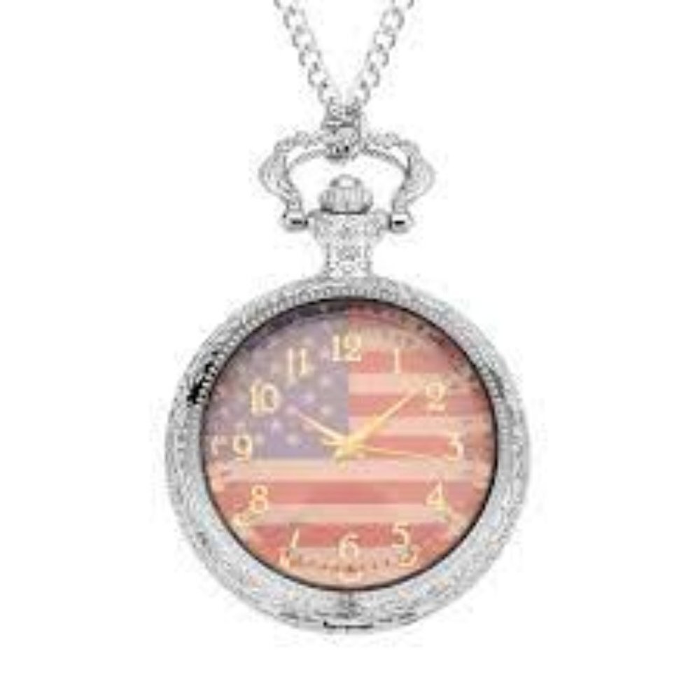Strada Glass Japanese Movement American Flag Pattern Pocket Watch with Chain (31